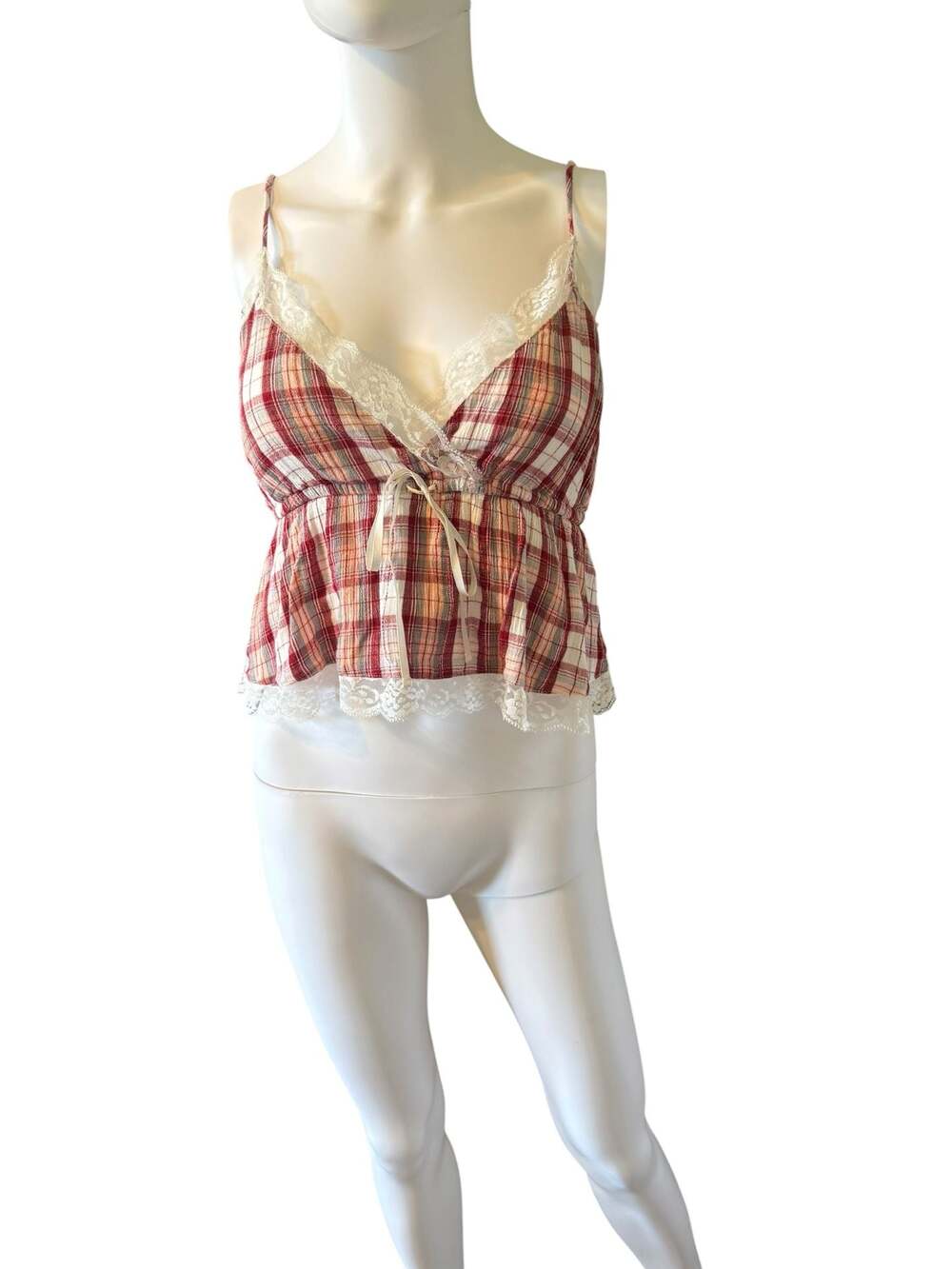 American Eagle Red Plaid Lace Trim Camisole Babydoll Crop Top